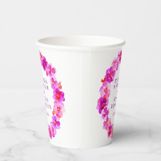 Roze pansiebloem met waterverf bruiloft papieren bekers (Rechts)