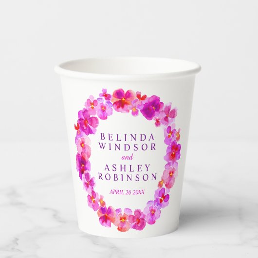 Roze pansiebloem met waterverf bruiloft papieren bekers (Voorkant)