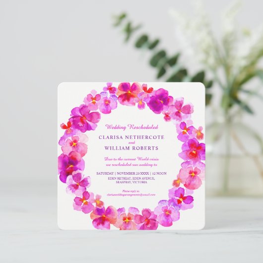 Roze pansies waterverf bloemenbruiloft herschikt kaart (Staand voorkant)