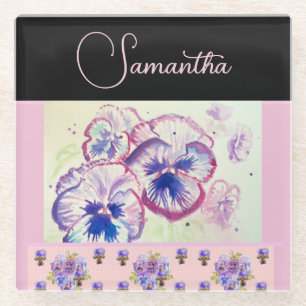 Roze Pansy Pansies Waterverf Bloemen Bloemen Kunst Glazen Onderzetter