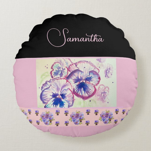 Roze Pansy Pansies Waterverf Bloemen Bloemen Kunst Rond Kussen (Voorkant)