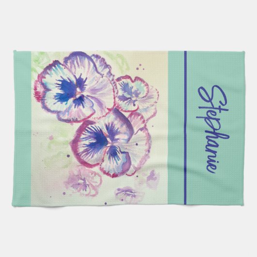 Roze Pansy waterverf Vrouwen Bord Mint Groen Theedoek (Horizontaal)