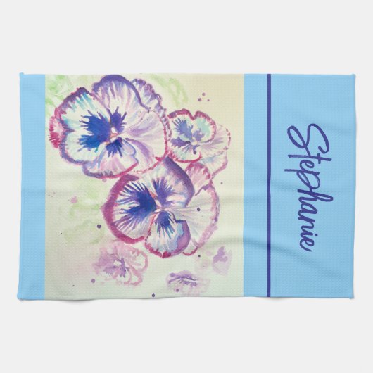 Roze Pansy waterverf Vrouwen Bord Roze Blauw Theedoek (Horizontaal)