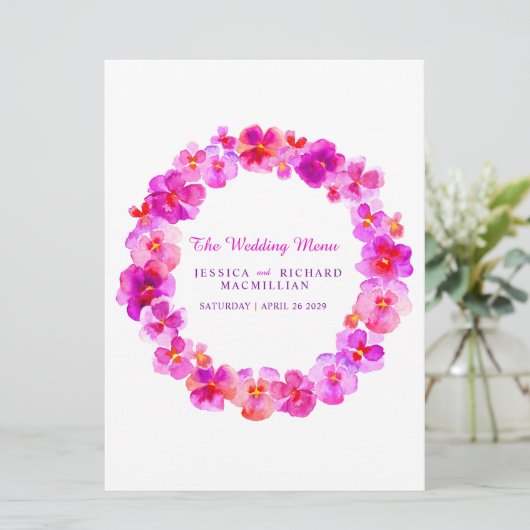 Roze panty kunst bloem krans kunst bruiloft menu (Staand voorkant)