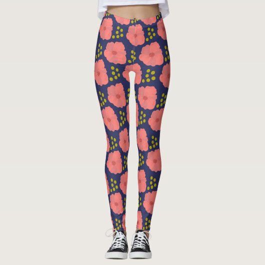 Roze papaver bloeit op marine met gestippelde acce leggings (Voorkant)