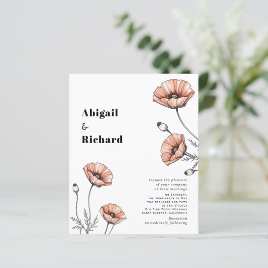 Roze papavers bloemenbudget huwelijksuitnodiging (Staand voorkant)