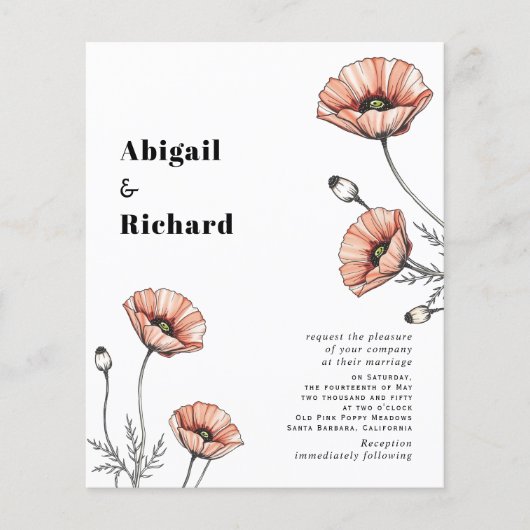 Roze papavers bloemenbudget huwelijksuitnodiging (Voorkant)