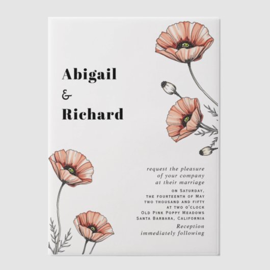  roze papavers wilde bloemen bloemenbruiloft vellum uitnodigingen (Voorkant)