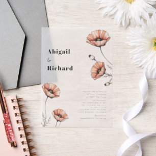 roze papavers wilde bloemen bloemenbruiloft vellum uitnodigingen