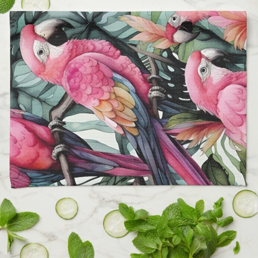 Roze papegaaien Vogels Art Theedoek (Gevouwen)