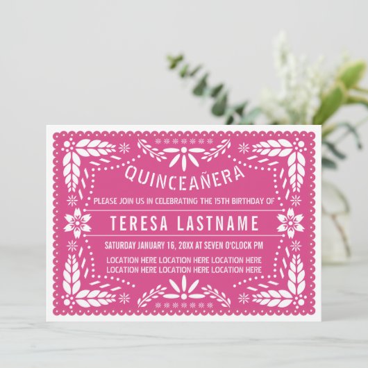 Roze papel picado kaart (Staand voorkant)