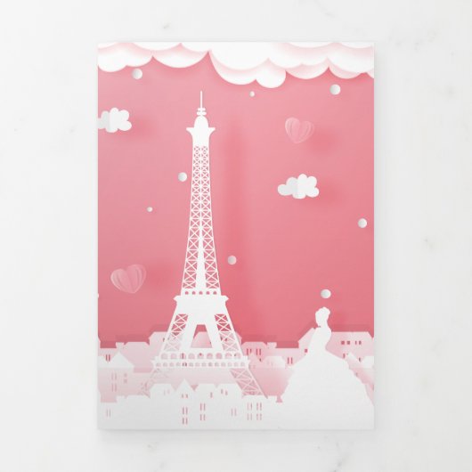 Roze papier Paris Quinceañera Tri-Fold uitnodiging (Cover)