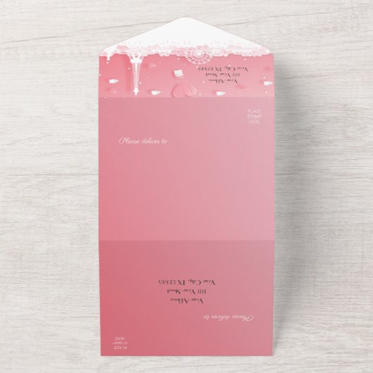 Roze papieren Parijs Quinceañera All In One Uitnodiging (Buitenkant)