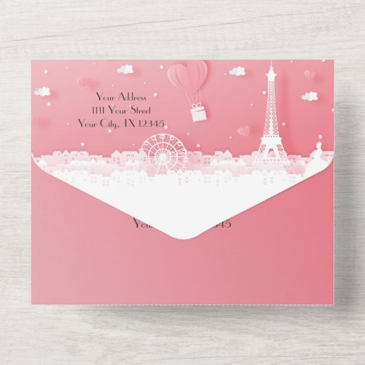 Roze papieren Parijs Quinceañera All In One Uitnodiging (Achterkant)