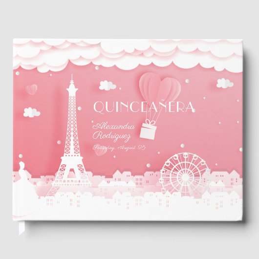 Roze papieren Parijs Quinceañera Gastenboek (Voorkant)
