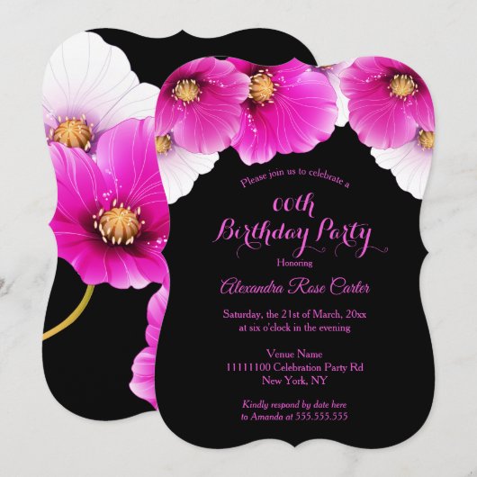 Roze papies floral Black Birthday Party Kaart (Voorkant / Achterkant)