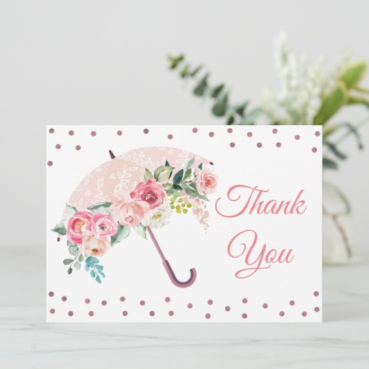 Roze Paraplu Baby Shower Bedankkaart (Staand voorkant)