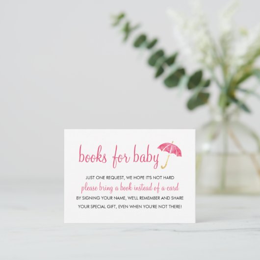 Roze paraplu Baby shower | Boeken voor Baby Insert Informatiekaartje (Staand voorkant)