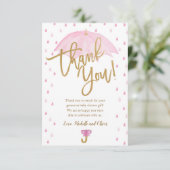 Roze Paraplu Baby shower Dank u kaart (Staand voorkant)