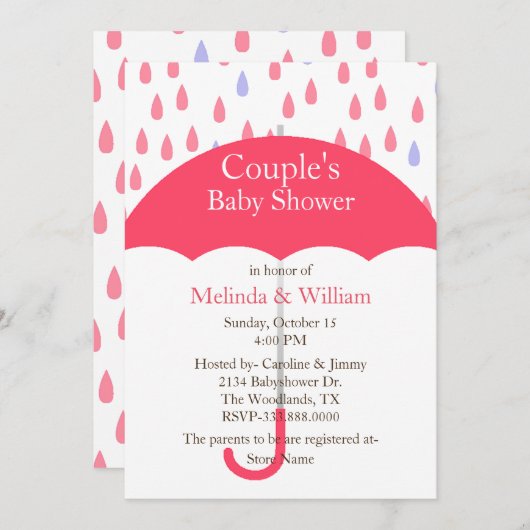 Roze Paraplu Baby shower Invitation Kaart (Voorkant / Achterkant)
