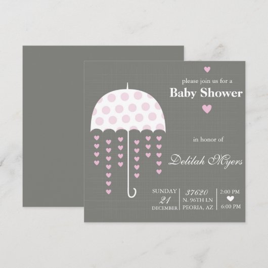 Roze paraplu Baby shower Uitnodigen Kaart (Voorkant / Achterkant)