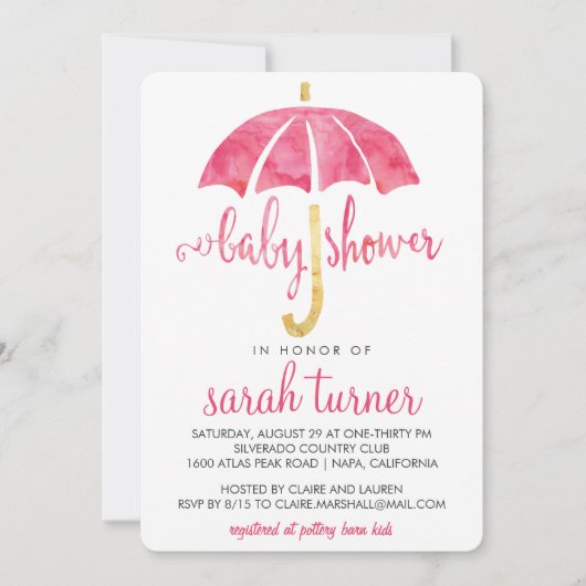 Roze Paraplu Meisje Baby Douche Uitnodigingen (Voorkant)