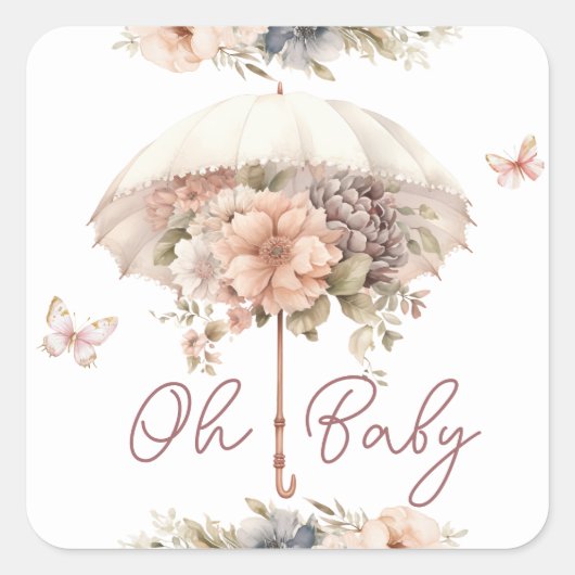 Roze  paraplu meisje Baby shower plein Vierkante Sticker (Voorkant)