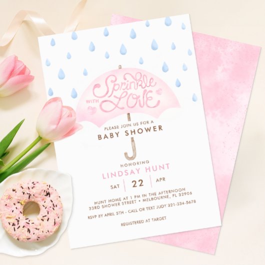 Roze Paraplu Sprinkle Baby shower Uitnodiging