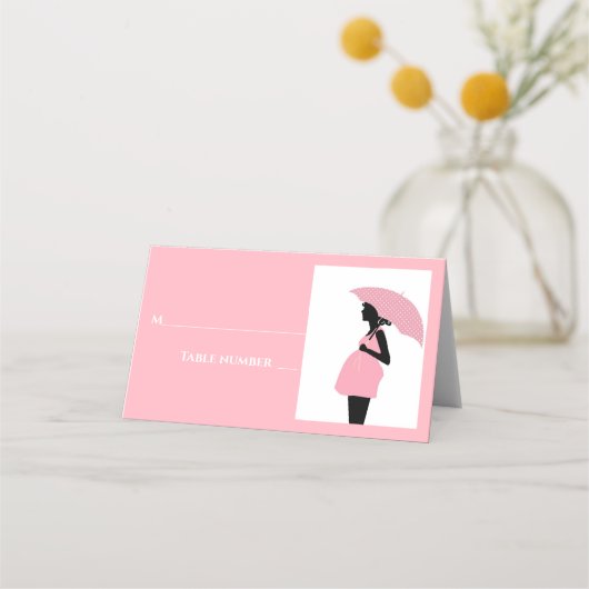 Roze Paraplu Stippen Baby Shower Tafelkaart Plaatskaartje (Voorkant)