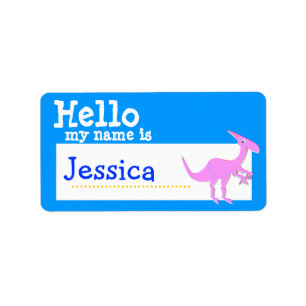 Roze Parasaurolophus Hallo Mijn naam is Badge Blue Etiket