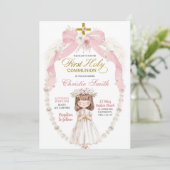 Roze Parel Boog Coquette Meisje Eerste Heilige Com Kaart (Staand voorkant)