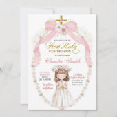Roze Parel Bow Coquette Meisje Eerste Heilige Comm Kaart (Voorkant)