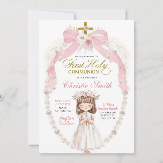Roze Parel Bow Coquette Meisje Eerste Heilige Comm Kaart (Voorkant)