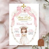 Roze Parel Bow Coquette Meisje Eerste Heilige Comm Kaart