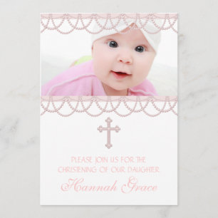 Roze Parel Cross Baby Meisje Foto Doopfeest Kaart