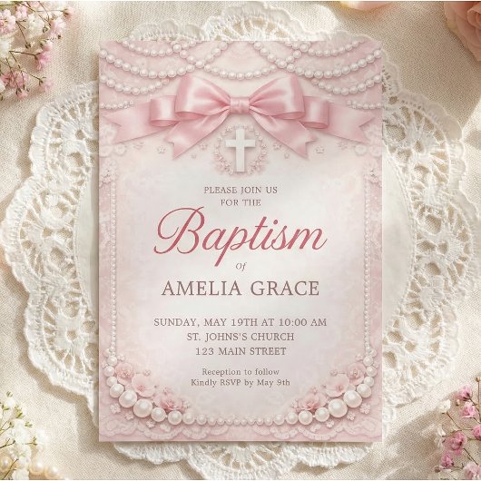 Roze Parel Doop Uitnodiging Ontwerp Satijnen Strik