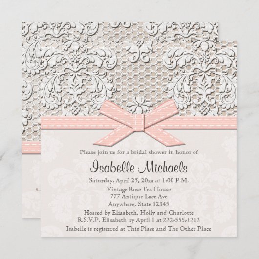 Roze Parel en Kant Bruids Douche Uitnodigingen (Voorkant / Achterkant)