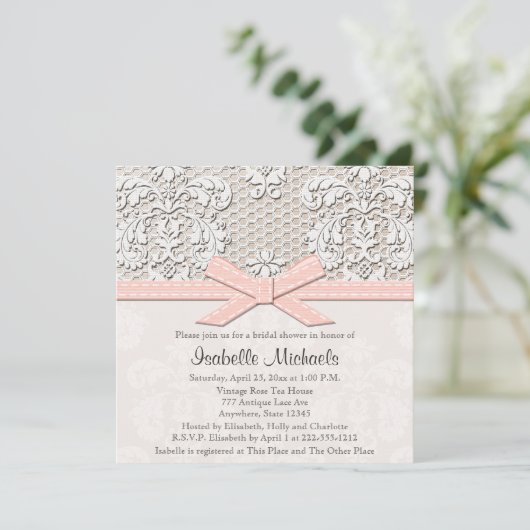 Roze Parel en Kant Bruids Douche Uitnodigingen (Staand voorkant)