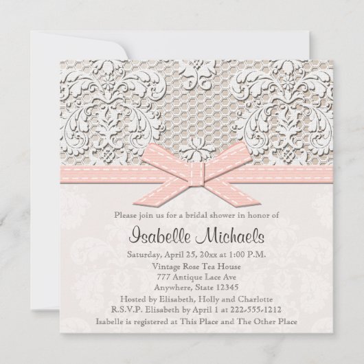 Roze Parel en Kant Bruids Douche Uitnodigingen (Voorkant)