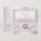 Roze Parel Kant Damast Witte Strik Feest Kaart (Voorkant / Achterkant)