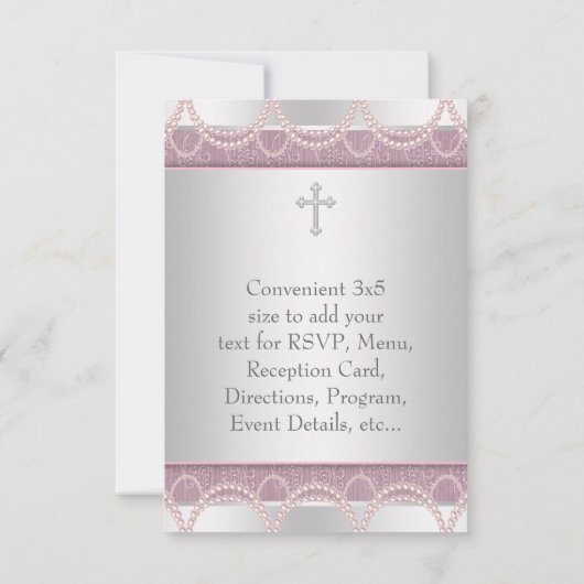 Roze Parel Kruis Baby Meisje Doop Doop RSV RSVP Kaartje (Achterkant)