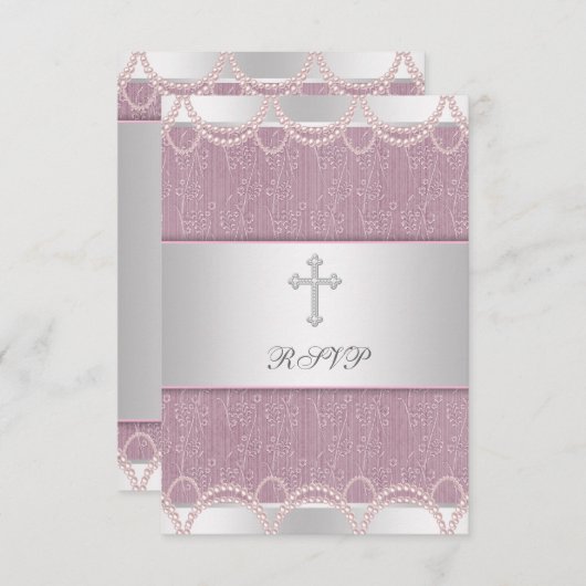 Roze Parel Kruis Baby Meisje Doop Doop RSV RSVP Kaartje (Voorkant / Achterkant)