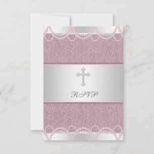 Roze Parel Kruis Baby Meisje Doop Uitnodiging RSVP