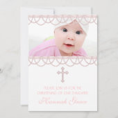 Roze Parel Kruis Baby Meisje Foto Doop Kaart (Voorkant)