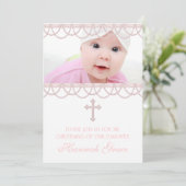 Roze Parel Kruis Baby Meisje Foto Doop Kaart (Staand voorkant)