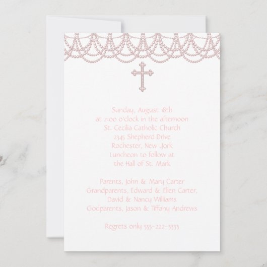 Roze Parel Kruis Baby Meisje Foto Doop Kaart (Achterkant)