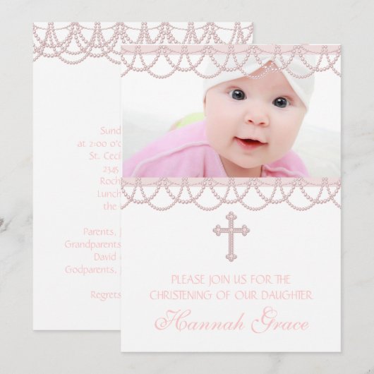 Roze Parel Kruis Baby Meisje Foto Doop Kaart (Voorkant / Achterkant)