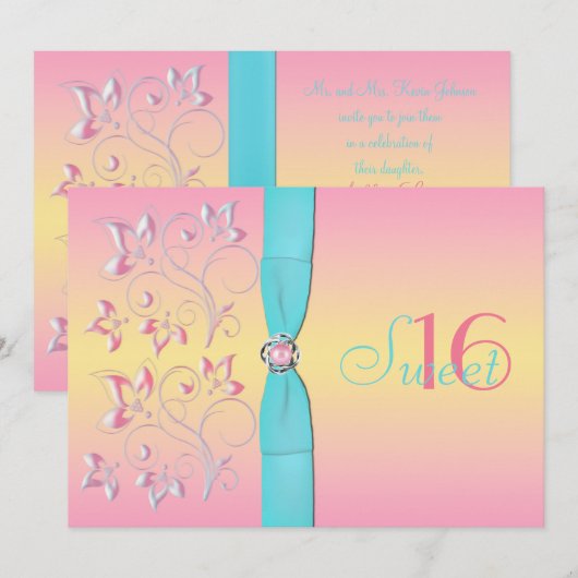 Roze parelen en  pastels Sweet Sixteen nodigt uit Kaart (Voorkant / Achterkant)