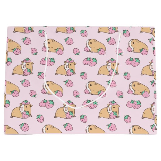 Roze parelhoenders en aardbeienpatroon groot cadeauzakje (Voorkant)