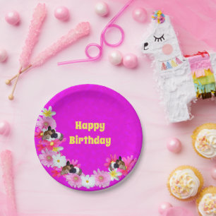 Roze parelhoenders en bloemen, Borden van papier Papieren Bordje